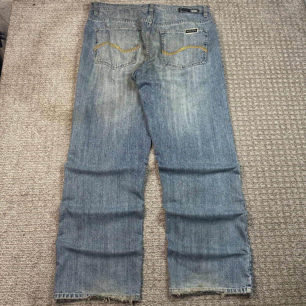 Y2K Ecko Unltd Baggy Jeans Blue Denim Gold Chain Embroidery Loose Fit Mens 36x32